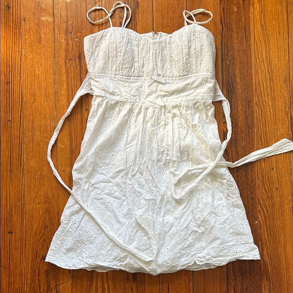 Vintage Y2K Babydoll Dress | White Eyelet Sundress with Tie Straps